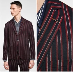 Zara Men's Blazer - Navy and Red Stripes Size 40